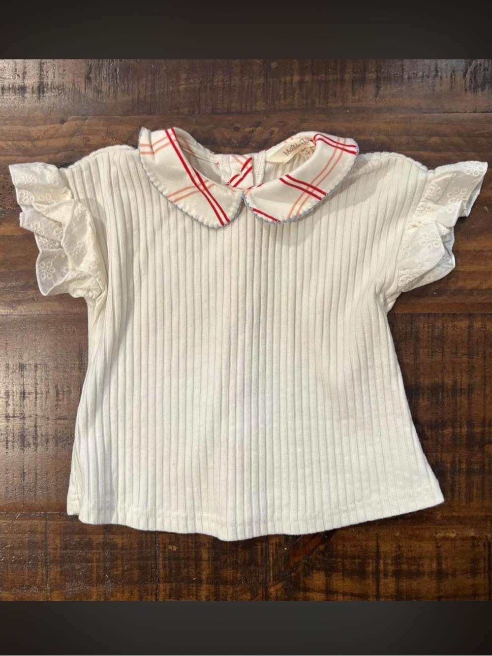 Matilda Jane 2T White Ribbed Tee w/ Red-Striped PeterPan Collar button down back